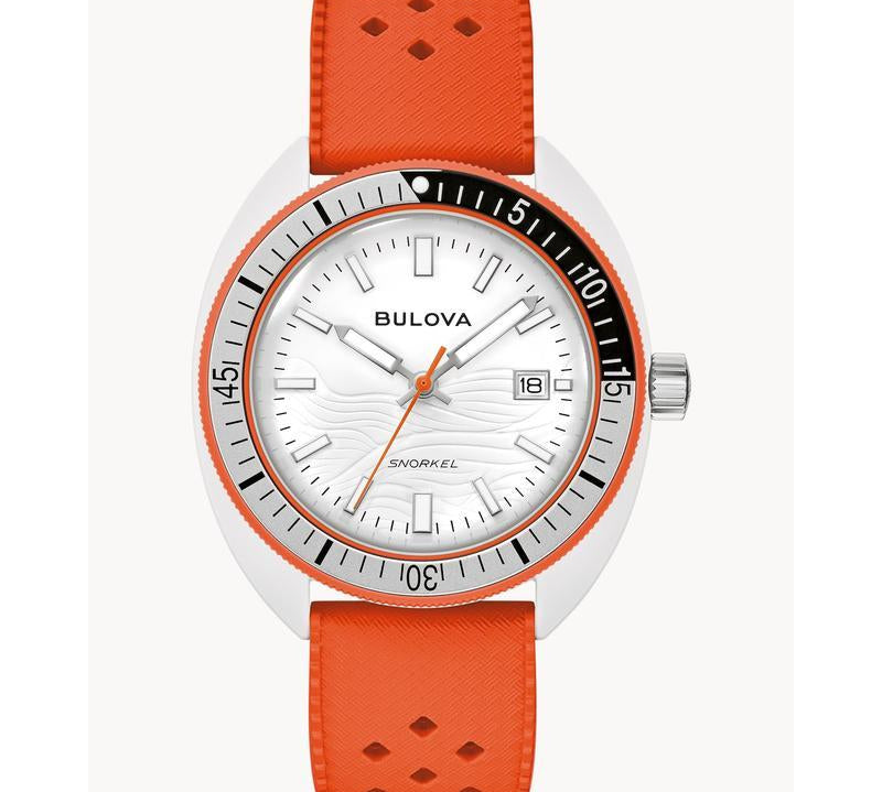 Bulova Snorkel White Dial Orange HNBR Rubber Dive Watch 98B448 for Men