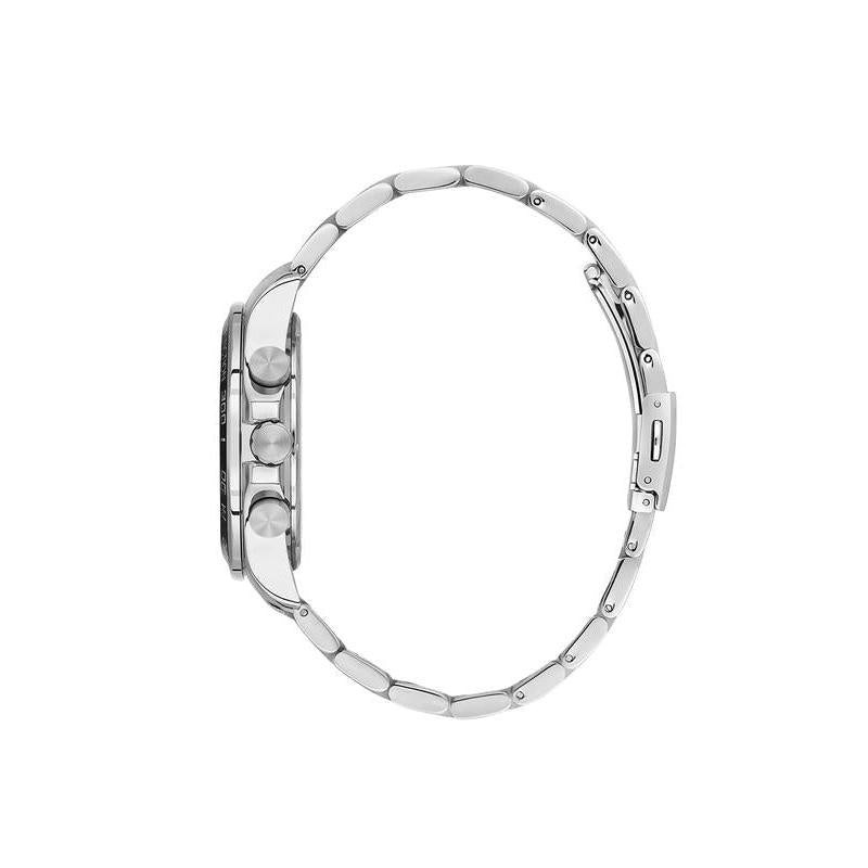 Side view of Daniel Klein men's quartz watch featuring a sleek metallic strap and durable stainless steel case.