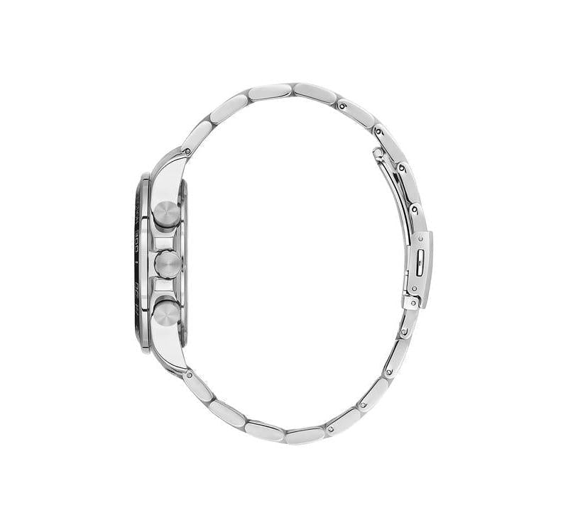 Side view of Daniel Klein men's quartz watch featuring a polished metallic strap and durable silver-tone case.