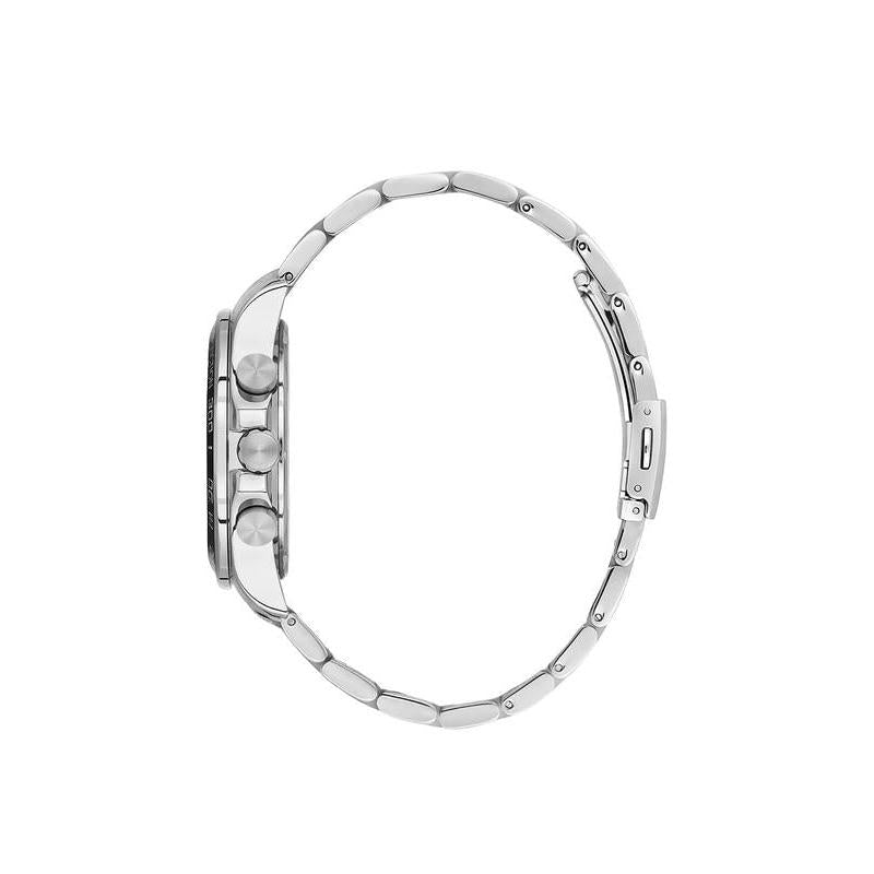 Side view of Daniel Klein men's quartz watch featuring a polished metallic strap and durable silver-tone case.