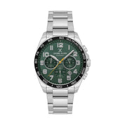 Daniel Klein men's quartz watch featuring a striking green multifunction dial and a durable silver-tone metallic strap.