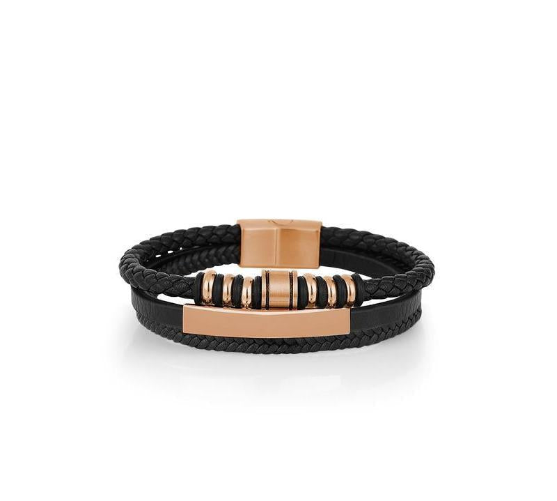 Daniel Klein Gents Black & Rose Gold Leather Bracelet