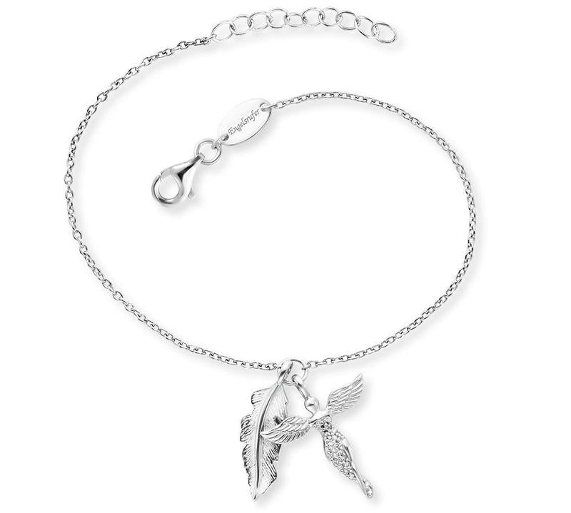 Engelsrufer sterling silver bracelet featuring a delicate feather and angel charm with sparkling cubic zirconia accents.