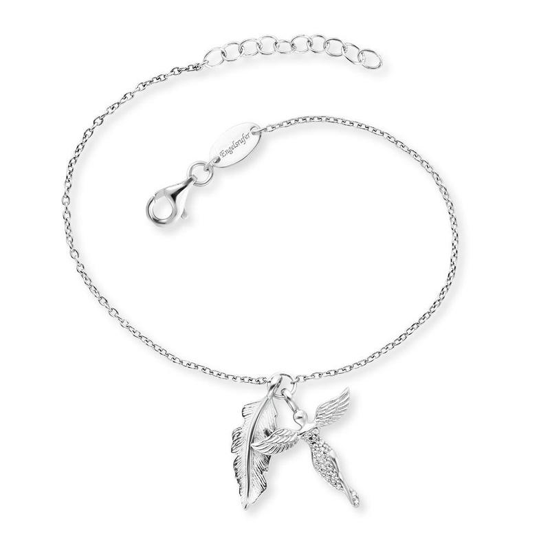 Engelsrufer sterling silver bracelet featuring a delicate feather and angel charm with sparkling cubic zirconia accents.