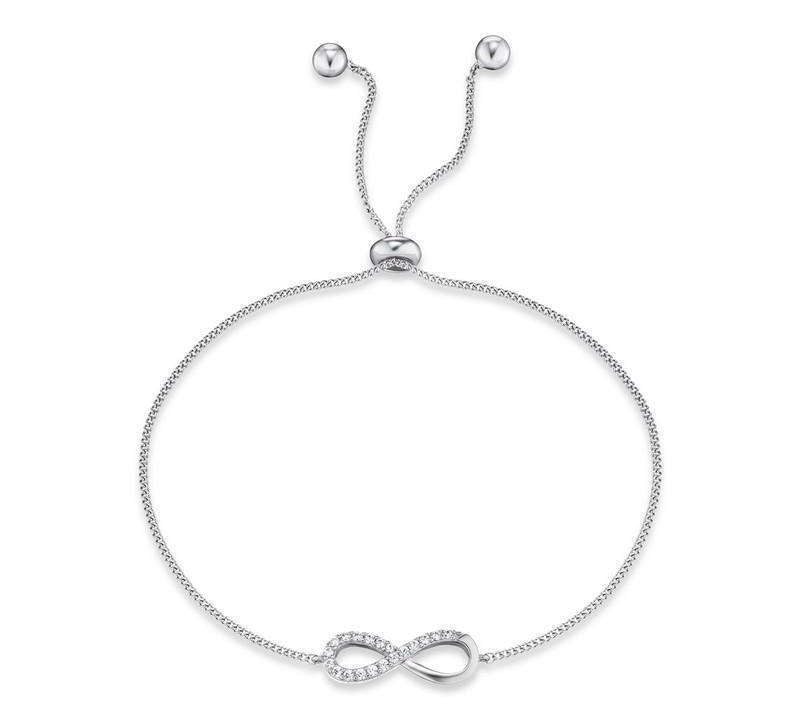 Rhodium-plated 925 sterling silver infinity bracelet featuring sparkling zirconia stones and an adjustable chain.