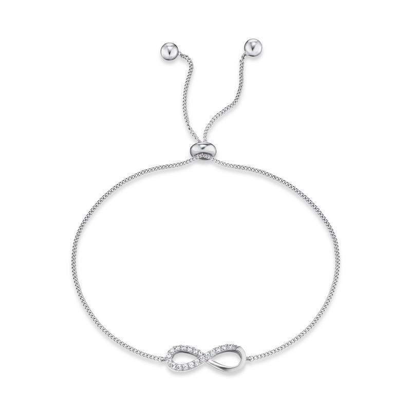 Rhodium-plated 925 sterling silver infinity bracelet featuring sparkling zirconia stones and an adjustable chain.