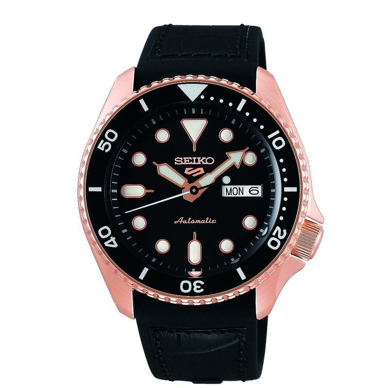 Seiko 5 Sports automatic watch featuring a rose gold-tone stainless steel case, black dial, and durable black silicone strap.