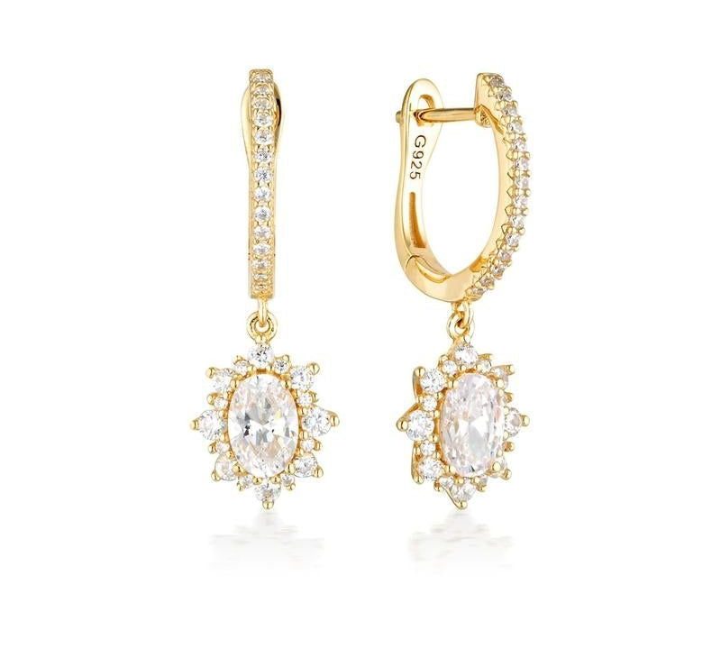 Georgini Eloise 18ct gold-plated sterling silver drop earrings featuring sparkling cubic zirconia halo settings.
