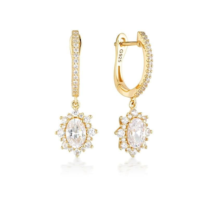 Georgini Eloise 18ct gold-plated sterling silver drop earrings featuring sparkling cubic zirconia halo settings.