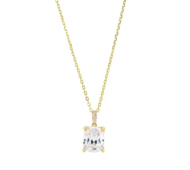 18k gold-plated sterling silver pendant with a sparkling cushion-cut cubic zirconia on a delicate 50cm chain.