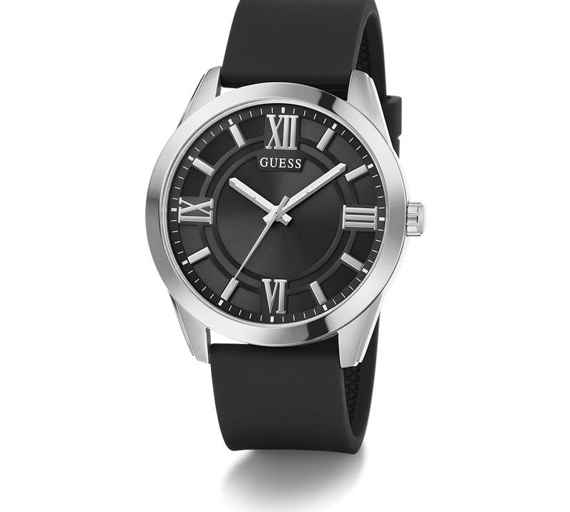 Guess Mens Black Silver Tone Analog Watch