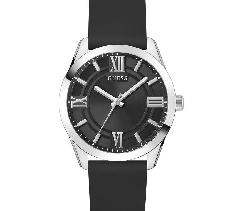 Guess Mens Black Silver Tone Analog Watch