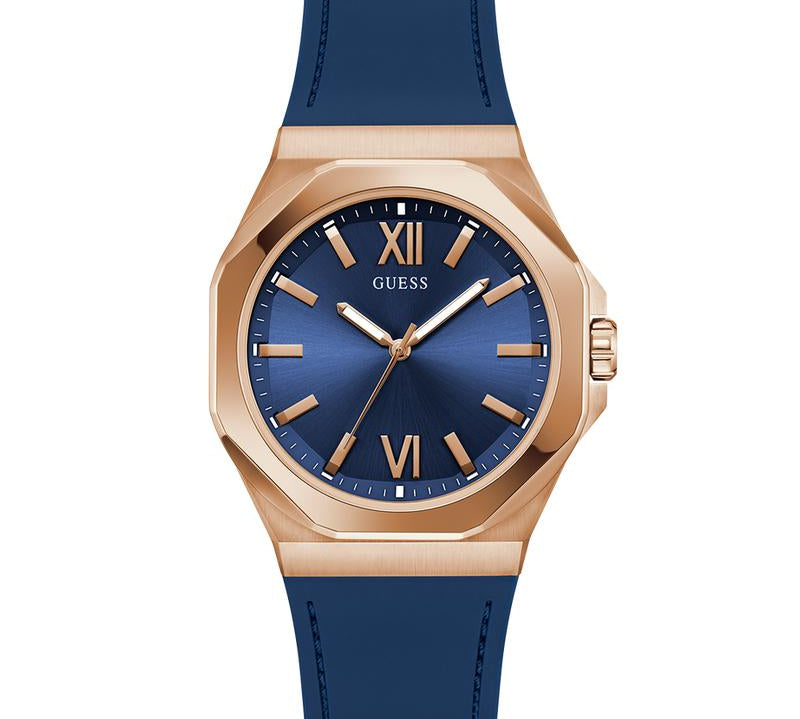 Guess Mens Blue Rose Gold Tone Analog Watch