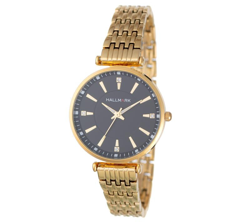 Hallmark Ladies Gold Bracelet Black Dial Watch