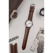 Hirsch CROCOGRAIN Crocodile Embossed Leather Watch Strap in BROWN