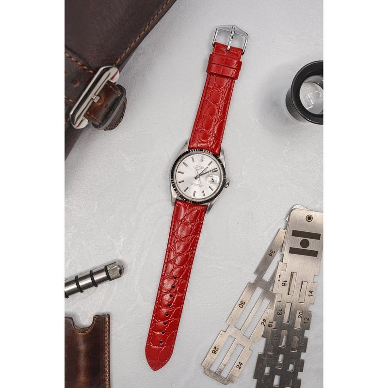 Hirsch CROCOGRAIN Crocodile Embossed Leather Watch Strap in RED