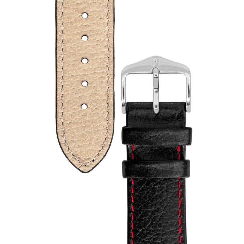 Hirsch KANSAS Buffalo-Embossed Calf Leather Watch Strap in BLACK with Red Stitch