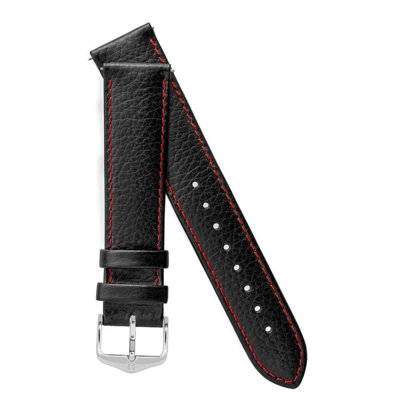 Hirsch KANSAS Buffalo-Embossed Calf Leather Watch Strap in BLACK with Red Stitch