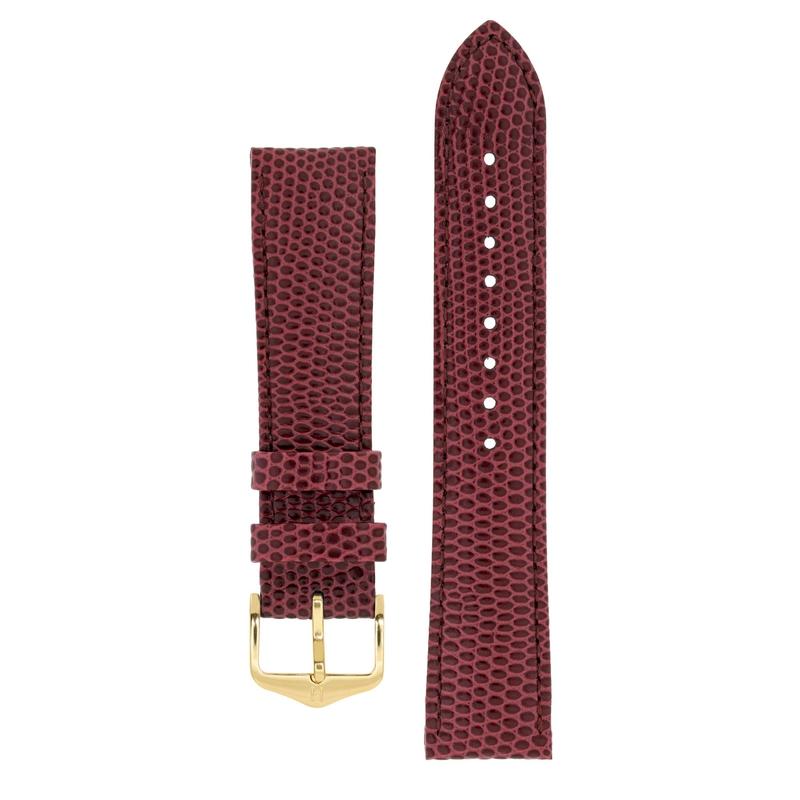 Hirsch RAINBOW Lizard Embossed Leather Watch Strap in BURGUNDY