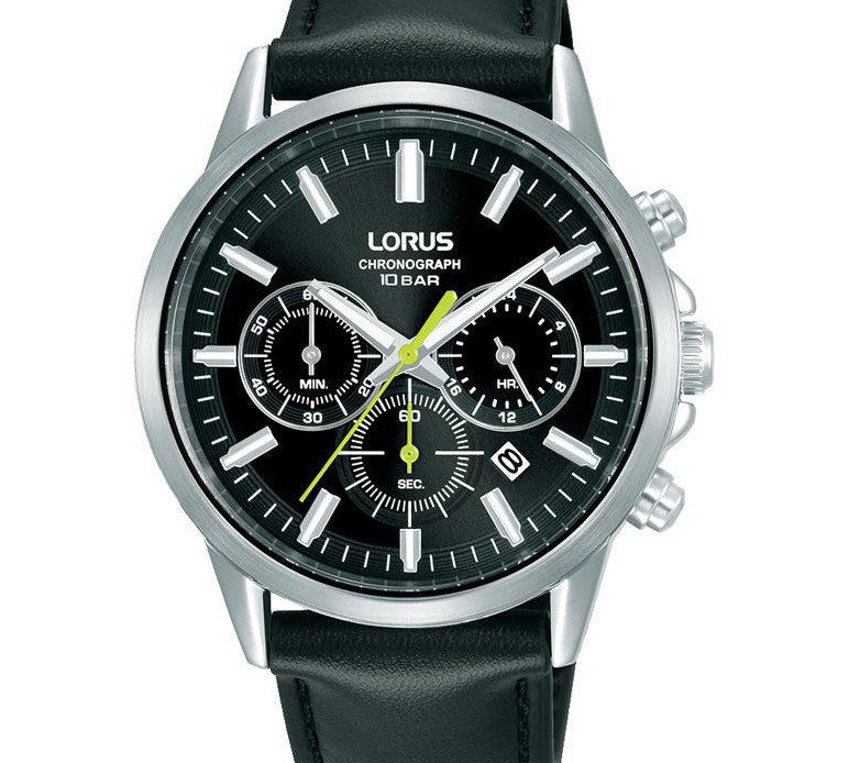 Lorus Gents Black Leather Strap Chronograph Watch