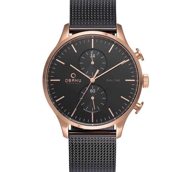 Obaku Gran-Night Rg Dual Time Black Mesh Watch V196GUVBMB