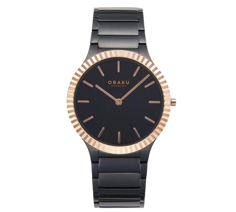 Obaku Linje Ink - Black Dial IP Black Steel Gents Watch V292GXMBSB