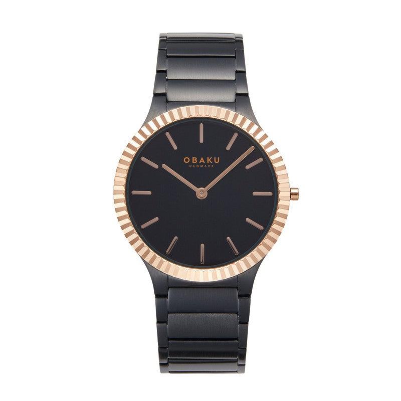 Obaku Linje Ink - Black Dial IP Black Steel Gents Watch V292GXMBSB