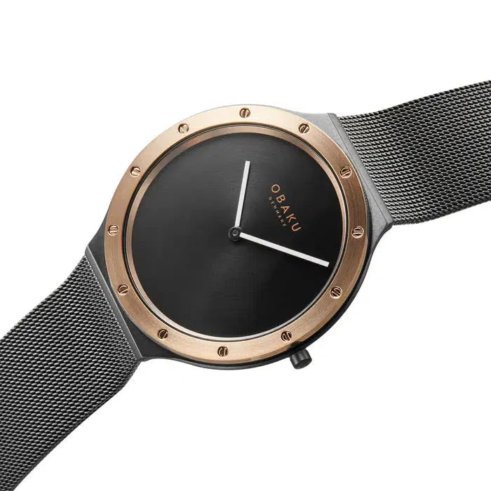 Obaku Note Night Black Rose Gold 42mm Watch - V285GXMBMB