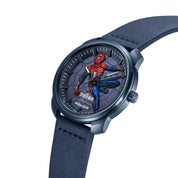Police Spider-Man watch with 44mm blue ion-plated case, 3D hydraulic dial, and premium navy leather strap.