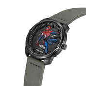 Police Spider-Man edition watch with 44mm black ion-plated case, 3D hydraulic dial, and sleek black leather strap.