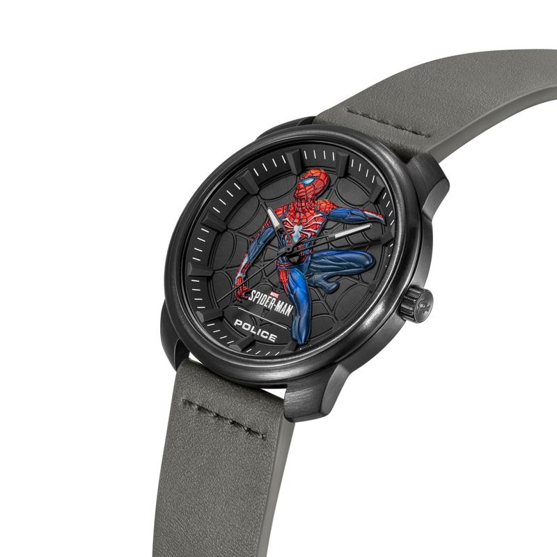 Police Spider-Man edition watch with 44mm black ion-plated case, 3D hydraulic dial, and sleek black leather strap.