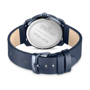 Police Spider-Man edition watch featuring an IP blue case and navy leather strap with an engraved Marvel case back.