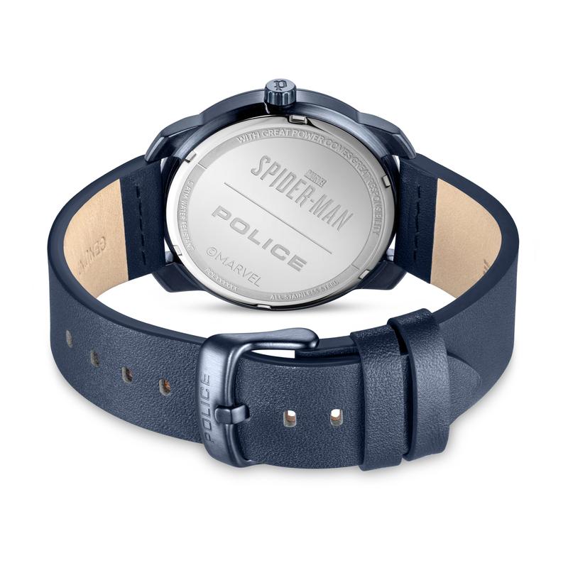 Police Spider-Man edition watch featuring an IP blue case and navy leather strap with an engraved Marvel case back.