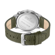 Police Spider-Man watch back view with stainless steel case and textured khaki leather strap.
