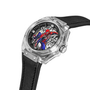 Police Spider-Sense automatic watch with a transparent case, 3D Spider-Man dial, and black silicone and canvas strap.