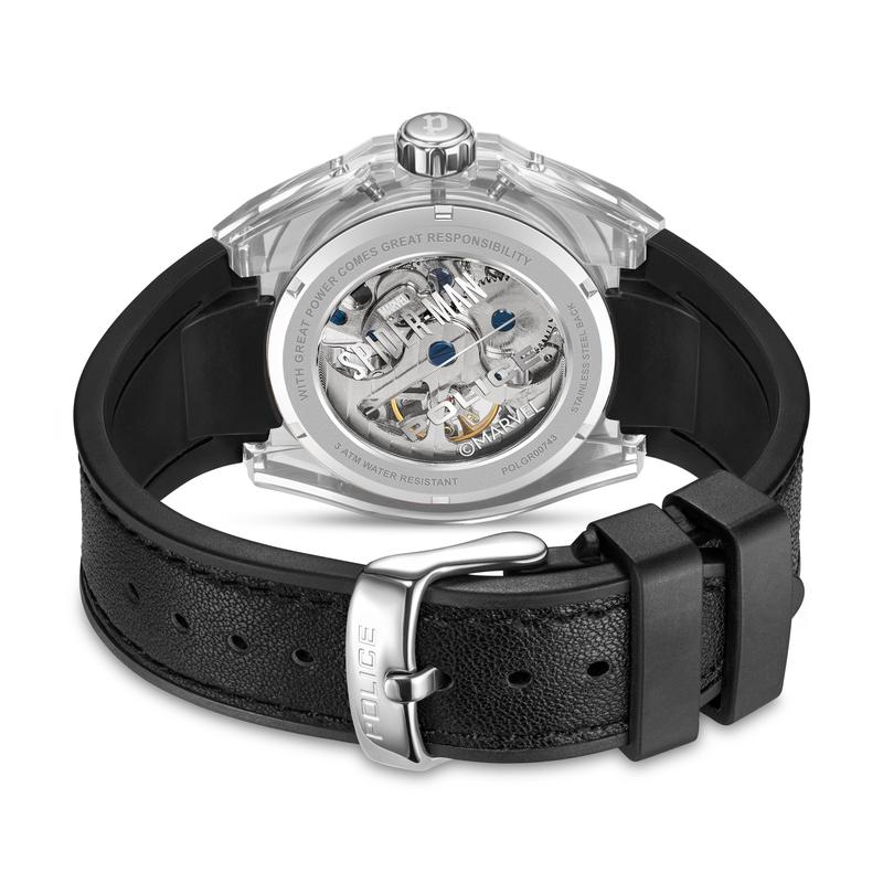 Police Spider-Sense automatic watch featuring a transparent case and black silicone strap with steel buckle.
