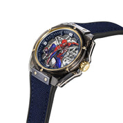 Police Spider-Sense automatic watch featuring a 3D Spiderman dial, grey nylon case, gold accents, and a blue canvas silicone strap.