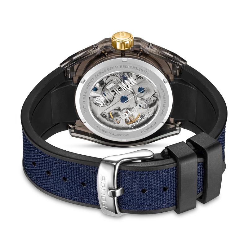Police Spider-Sense automatic watch with exhibition case back, gold crown, and blue canvas-fused black silicone strap.