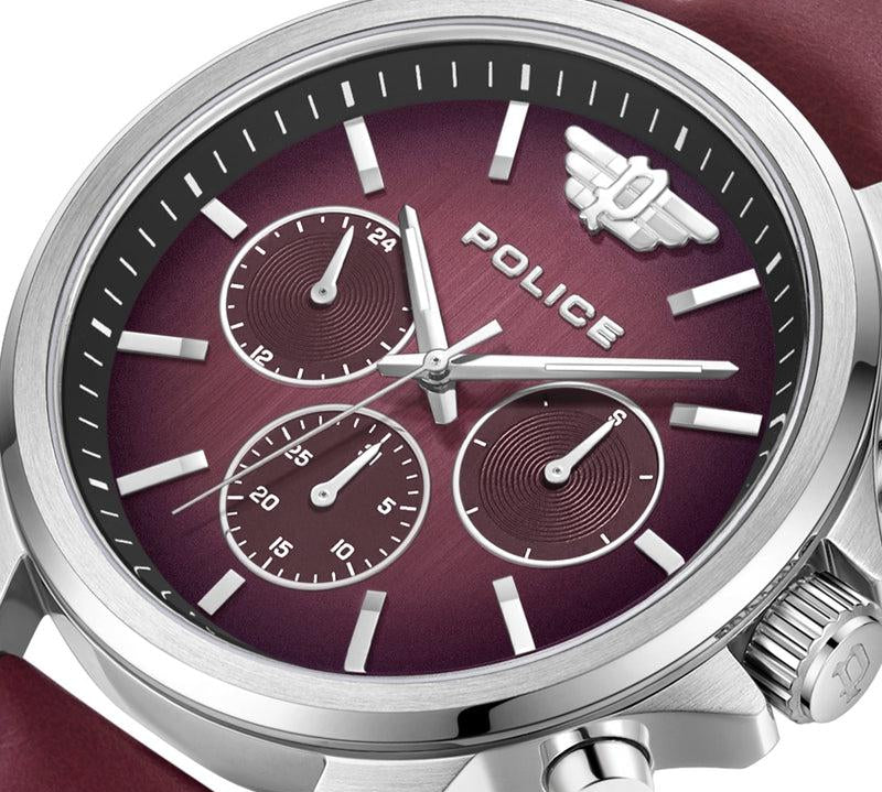 Police Mensor multifunction watch with a 44mm stainless steel case and a striking graduated black-to-burgundy dial.