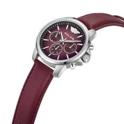 Police Mensor multifunction watch with a burgundy dial and padded oily leather strap in a 44mm stainless steel case.