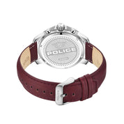 Police Mensor watch back view featuring a stainless steel case and padded oily burgundy leather strap with steel buckle.