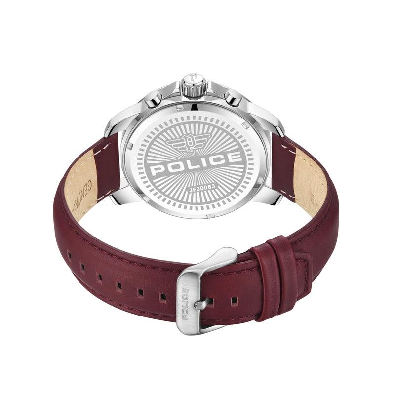 Police Mensor watch back view featuring a stainless steel case and padded oily burgundy leather strap with steel buckle.