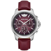 Police Mensor multifunction watch with a 44mm stainless steel case and a stylish graduated black to burgundy dial on a leather strap.
