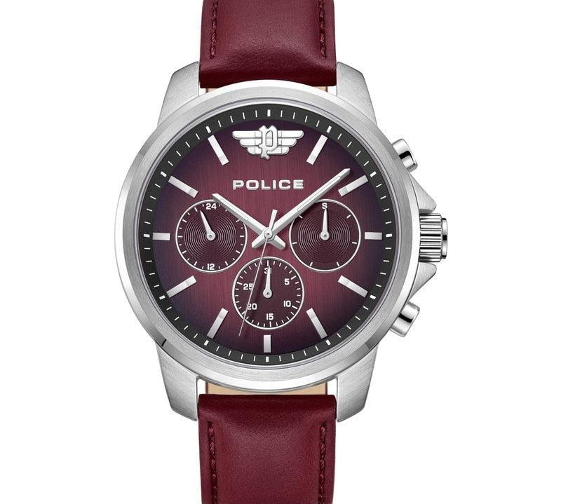 Police Mensor multifunction watch with a 44mm stainless steel case and a stylish graduated black to burgundy dial on a leather strap.