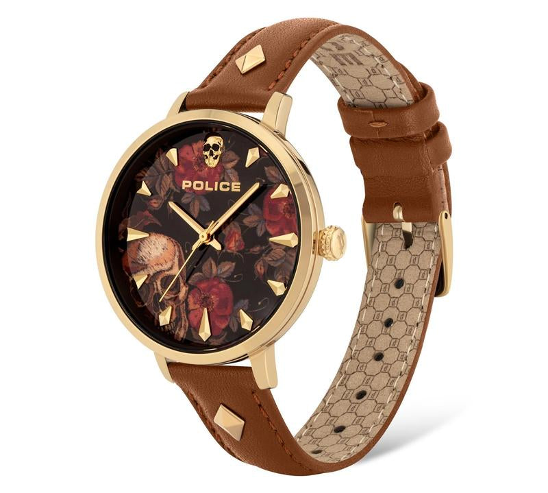 Police Miona ladies watch with gold case, floral skull dial, and brown leather strap with gold stud accents.