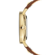 Police Miona ladies watch side view featuring an elegant IP gold case, branded crown, and a stylish brown leather strap.