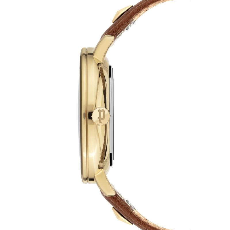 Police Miona ladies watch side view featuring an elegant IP gold case, branded crown, and a stylish brown leather strap.