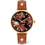 Police Miona ladies watch featuring an IP gold case, floral skull dial, and a stylish brown leather strap with gold studs.