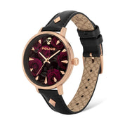 Police Miona ladies watch with rose gold case, black floral dial, skull detail, and black leather strap with stud accents.