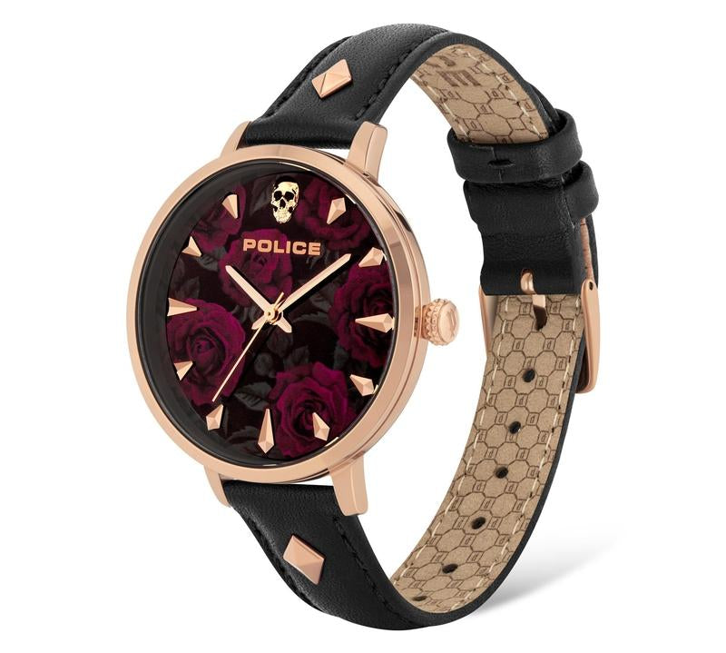 Police Miona ladies watch with rose gold case, black floral dial, skull detail, and black leather strap with stud accents.